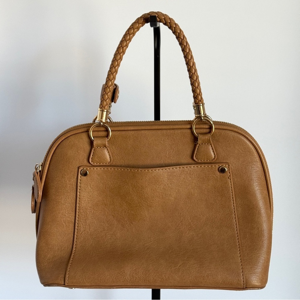 Madison West Camila Satchel in Tan Vegan Leather Crossbody Handheld Handbag